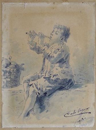 Carlo Orgero (Castelnuovo Scrivia, 1844 - 1919) Il piccolo flautista, 1912...