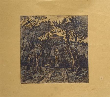 Gino Romiti (Livorno, 1881 - 1967) Giardino Acquaforte acquerellata, mm....