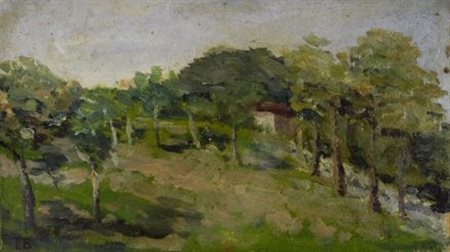 Anonimo del XX sec. Campagna Olio su cartone, cm. 9,5x17 Siglato in basso a...