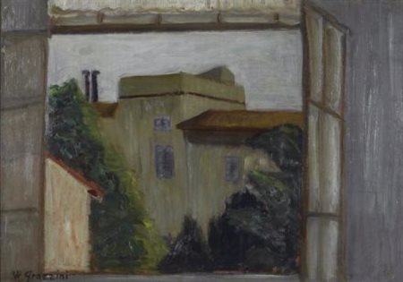 Renzo Grazzini (Firenze, 1912 - 1989) Finestra Olio su cartone, cm. 35x50...