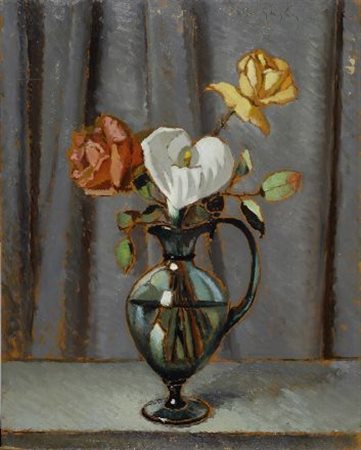 Valentino Ghiglia (Firenze, 1903 - 1960) Calle e rose nel vaso Olio su...