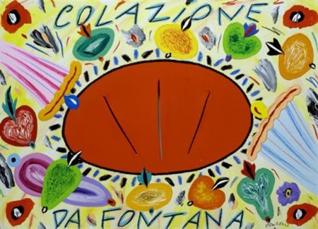 Bruno Donzelli (Napoli, 1941) Colazione da Fontana Acrilico su tela, cm....