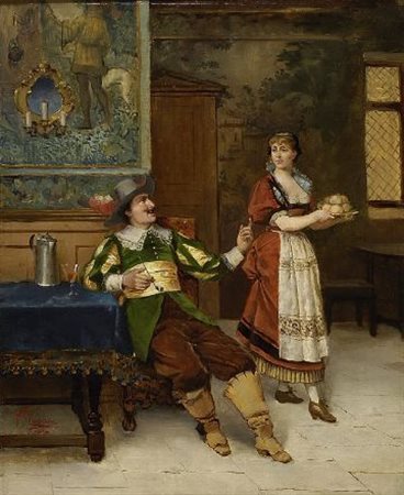 Pompeo Massani (Firenze, 1850 - 1920) La locandiera Olio su tela, cm. 61x50...