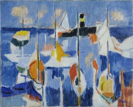 Enrico Paulucci (Genova, 1901 - Torino, 1999) Barche Olio su tela, cm. 50x40...