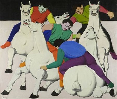 Pompeo Borra (Milano, 1896 - 1973) Battaglia Olio su tela, cm. 86x104,5 Firma...