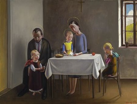 Jan Knap (Chrudim, 1949) La Sacra Famiglia, 1994 Olio su tela, cm. 50x66,8...