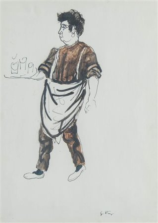 RENATO GUTTUSO (Bagheria 1911 - Roma 1987) "Garzone d'osteria". Tecnica mista...