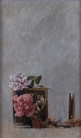 GIORGIO SCALCO (Schio 1929). “Camelie”, 1990. Olio su cartone. H. Cm 70x43....