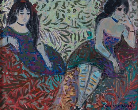 FELICITA FRAI (Praga 1909 - Milano 2010) “Donne sedute”. Olio su faesite. Cm...