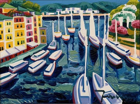 ATHOS FACCINCANI (Peschiera del Garda 1951) "La regata a Portofino". Olio su...