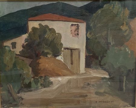 ANACLETO MARGOTTI (Lugo 1895 - Imola 1984) "Casa in campagna". Olio su...