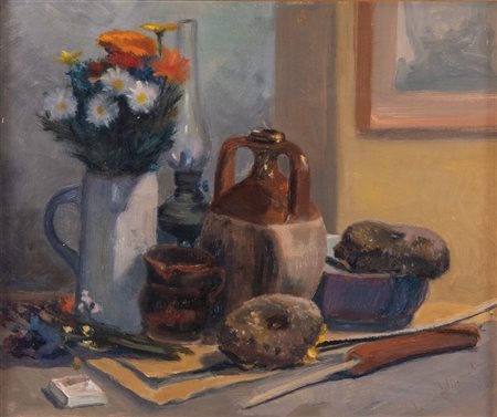 DINO BOSCHI (Bologna 1923 - 2015) "Natura morta", anni '40. Olio su faesite....