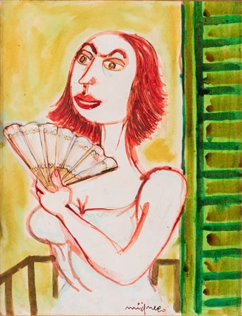 GIUSEPPE MIGNECO (Messina 1903 – Milano 1997) "Donna con ventaglio". Acquerello su...