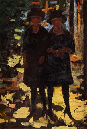 CARLO CORSI (Nizza 1879 - Bologna 1966) "Due figure". Olio su cartone. Cm...