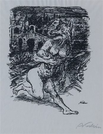 ALFRED KUBIN (Cechia 1877 - Wernstein am Inn 1959) "Nudo con testa di lupa",...