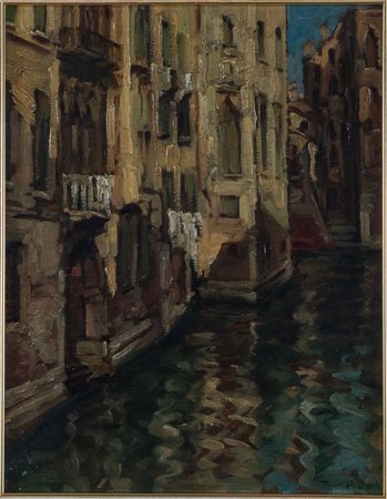 TINO PELLONI (Modena 1895-1981) “Scorcio di canale”. Olio su tela applicata...
