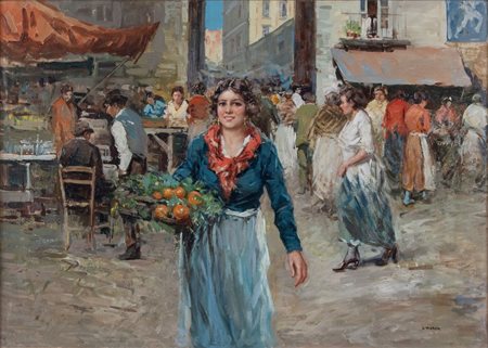 VINCENZO D’AURIA (1872-1939) “Scena di mercato”. Olio su tela. Cm 60,5x84,5....