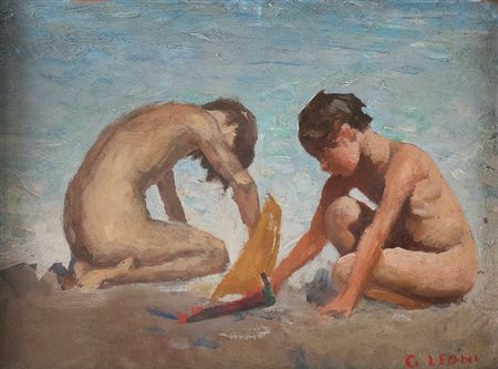 GIUSEPPE LEONI (Catania 1876 - 1927) "Fanciulli", 1944. Olio su faesite. Cm...
