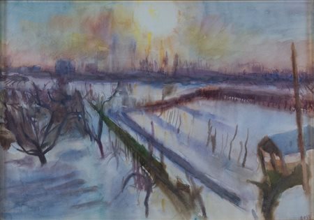 ILARIO ROSSI (Bologna 1911 - 1994) "Paesaggio sotto la neve". Acquerello su...