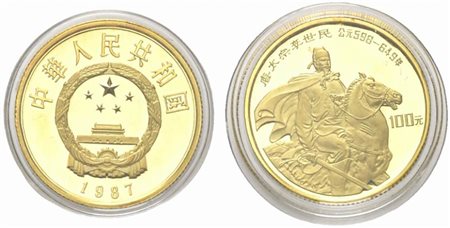 <br>CINA. 100 Yuan 1987 Proof. Au 0.917 (11,3 g). D/emblema nazionale, data in basso. R/l'Imperatore Li Shih a cavallo. KM#176