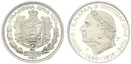 <br>MONTENEGRO. 2 Perpera 1989. Ag proof (10 g - 27 mm). Restrike. Con scatola.