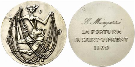 <br>AOSTA. Medaglia 1980 La Fortuna di Saint Vincent. AE argentato (228 g - 79,6 mm) Opus Minguzzi.