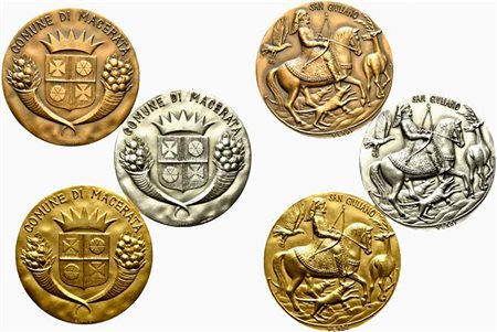 <br>MACERATA. Trittico medaglie Comune di Macerata (AE, AE dorato, AG) coniazione Johnson, peso ca. 45 g cad. FDC