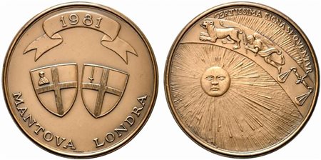 <br>MANTOVA. Medaglia 1981 Mantova - Londra. R/CERTISSIMA SIGNA SEQVENTVR; sole raggiante. AE (81,51 g - 57,2 mm). FDC