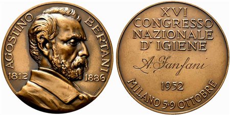 <br>MILANO. Agostino Bertani. Medaglia nominativa Amintore Fanfani. XVI Congresso Nazionale d'Igiene Milano 1952. AE (200 g - 78 mm).