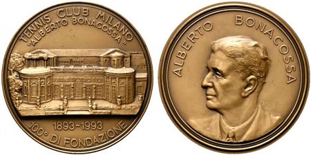<br>MILANO. Medaglia Tennis Club "Alberto Bonacossa" 100° anniversario di fondazione 1893-1993. Coniazione S.Johnson AE (85,82 g - 60 mm) FDC.
