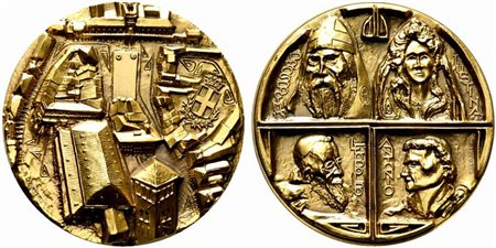 <br>PADOVA. Medaglia Giubileo 2000. AE dorato (134 g  - 60 mm) opus Lucianetti. Le tre storiche piazze di Padova; R/le effigi dei quattro santi più venerati di Padova