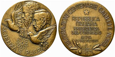 <br>REPUBBLICA ITALIANA Presidenza del Consiglio 1983. Medaglia Celebrazioni Centenarie Galilei e Nobel. Scienza e Pace. AE (104 g - 66 mm) Opus Cretara. FDC