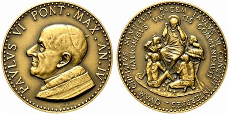 <br>ROMA. PAOLO VI. Medaglia Visita all'ONU anno IV. QVAM CHRISTVS NVNTIAVIT PACEM PAVLVS VI CONCILI INTERPRES. AE (35,47 g - 44 mm) Opus Minguzzi. BART. E 966. FDC