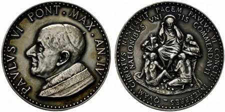 <br>ROMA. PAOLO VI. Medaglia Visita all'ONU anno IV. QVAM CHRISTVS NVNTIAVIT PACEM PAVLVS VI CONCILI INTERPRES. Ag (40,6 g - 44 mm) Opus Minguzzi. BART. E 966. SPL