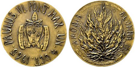 <br>ROMA. Paolo VI (1963-1978). Medaglia 1965 Visita all'O.N.U. Rogo ardente; R/ Stemma ed epigrafe. Opus Scorzelli AE (34,31 g - 43,96 mm). FDC