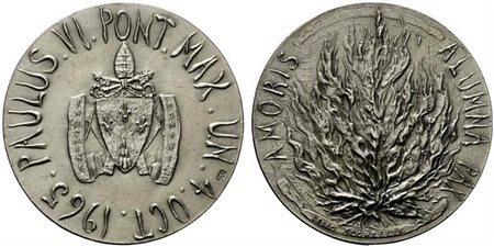 <br>ROMA. Paolo VI (1963-1978). Medaglia 1965 Visita all'O.N.U. Rogo ardente; R/ Stemma ed epigrafe. Opus Scorzelli Ag (44,97 g - 44,10 mm). FDC