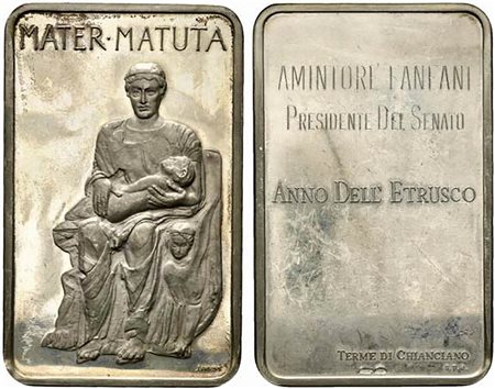 <br>TERME DI CHIANCIANO SPA. Lingottino Anno dell'Etrusco ad Amintore Fanfani. MATER MATUTA, Dea del mattino o dell'aurora nella mitologia romana.  Ag (99,6 g - 50x80 mm).