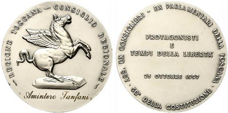 <br>TOSCANA. Medaglia 1997 CONSIGLIO REGIONALE con incisione ad Amintore Fanfani. Ag (110 g - 60 mm). qFDC colpetto al bordo.