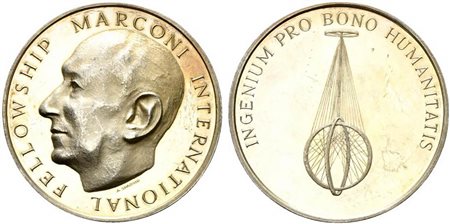 <br>GUGLIELMO MARCONI. Medaglia Fellowship Marconi International. Ag (69,69 g - 60,6 mm). Opus Spadini