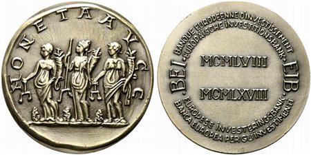 <br>BANCA EUROPEA PER GLI INVESTIMENTI. Medaglia 10° anniversario della fondazione (1958-1968). AE argentato (256 g - 80 mm).
