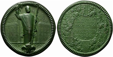 <br>BANCO AMBROSIANO. Medaglia 60° anniversario della fondazione 1896-1956. Coniazione Johnson AE (326 g - 95 mm)