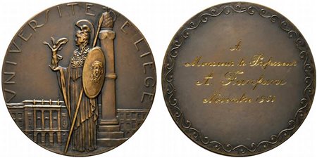 <br>BELGIO. Università di Liegi. Medaglia con dedica incisa al Professor A. Fanfani. AE (73,6 g - 60,3 mm). FDc