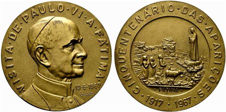 <br>PORTOGALLO. Paolo VI. Medaglia visita a Fatima 1967. Cinquantenario dell'apparizione. AE (184 g - 79,6 mm). SPL