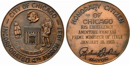 <br>STATI UNITI. Medaglia 1963 Cittadinanza onoraria della città di Chicago ad Amintore Fanfani. AE (217 g - 75,3 mm). qFDC