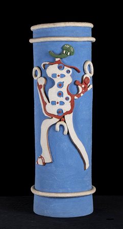 ROBERTO SEBASTIÁN MATTA - BOTTEGA GATTI FAENZA<br>Cachepot portaombrelli celeste con decorazioni bianche, rosse e verdi