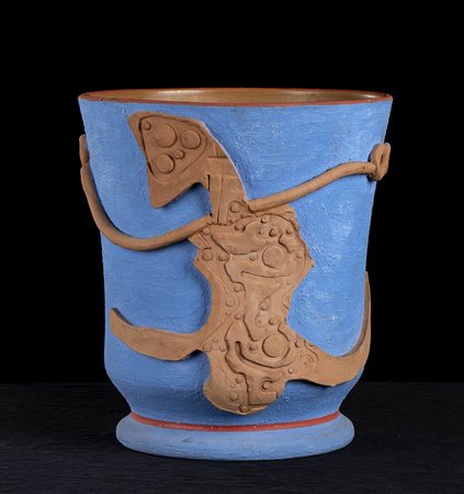 ROBERTO SEBASTIÁN MATTA - BOTTEGA GATTI FAENZA<br>Cachepot portaombrelli blu con decorazioni color coccio