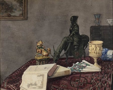 ANONIMO DEL XX SECOLO<br>Natura morta con libro e scultura cinese