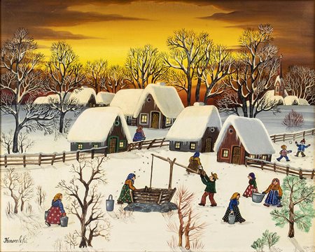 ANDRZEJ KOWALSKI (Sopron, 1926 - Katowice, 2004)<br>Scena di paese d'inverno