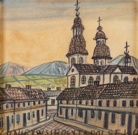 NIKIFOR KRYNICKI (Krynica-Zdrój, 1895 - Folusz, 1968)<br>Piazza con chiesa