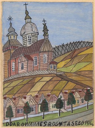 NIKIFOR KRYNICKI (Krynica-Zdrój, 1895 - Folusz, 1968)<br>Chiesa con collina